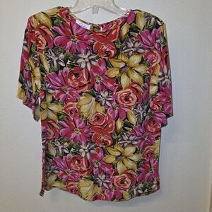 Size M Vintage Dahan 100% Silk Womens Multicolor Pastel Floral Print Blouse